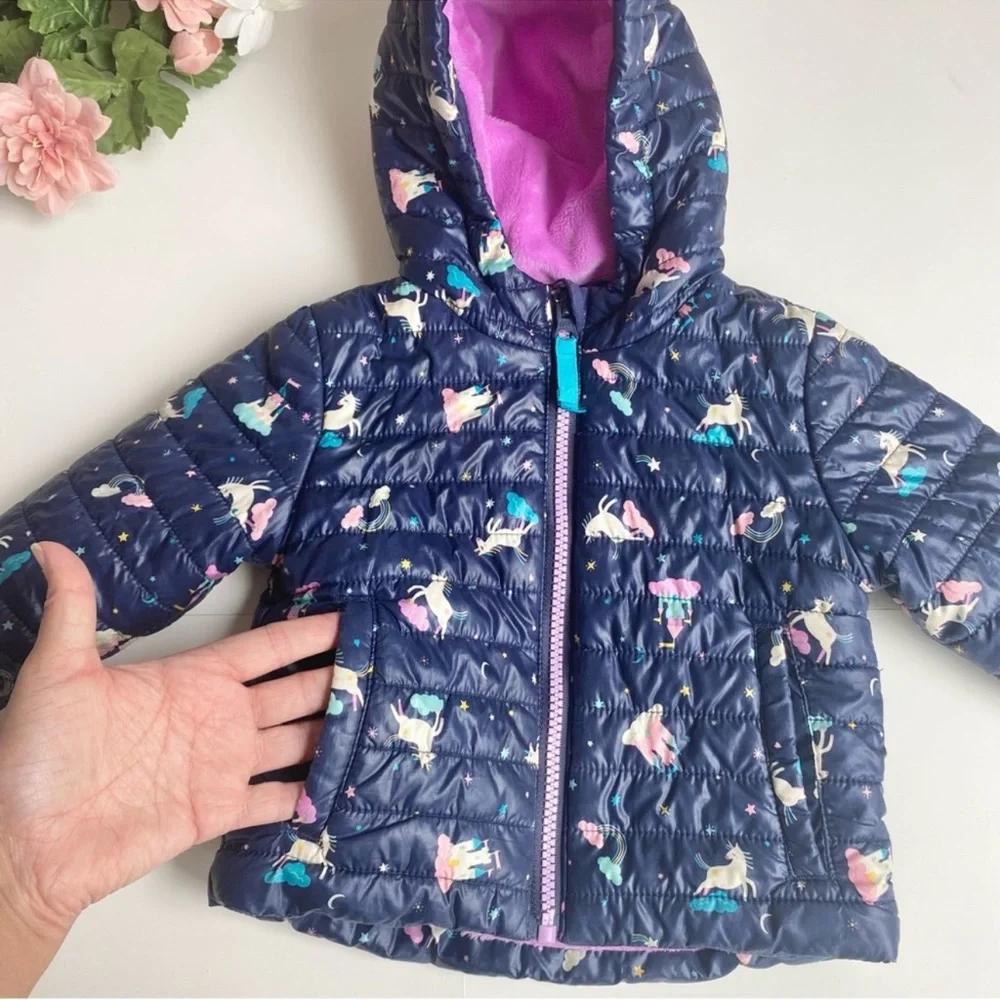 Cat & Jack Blue Unicorn Infant/Baby Girl's Midweight Puffer Hooded Jacket